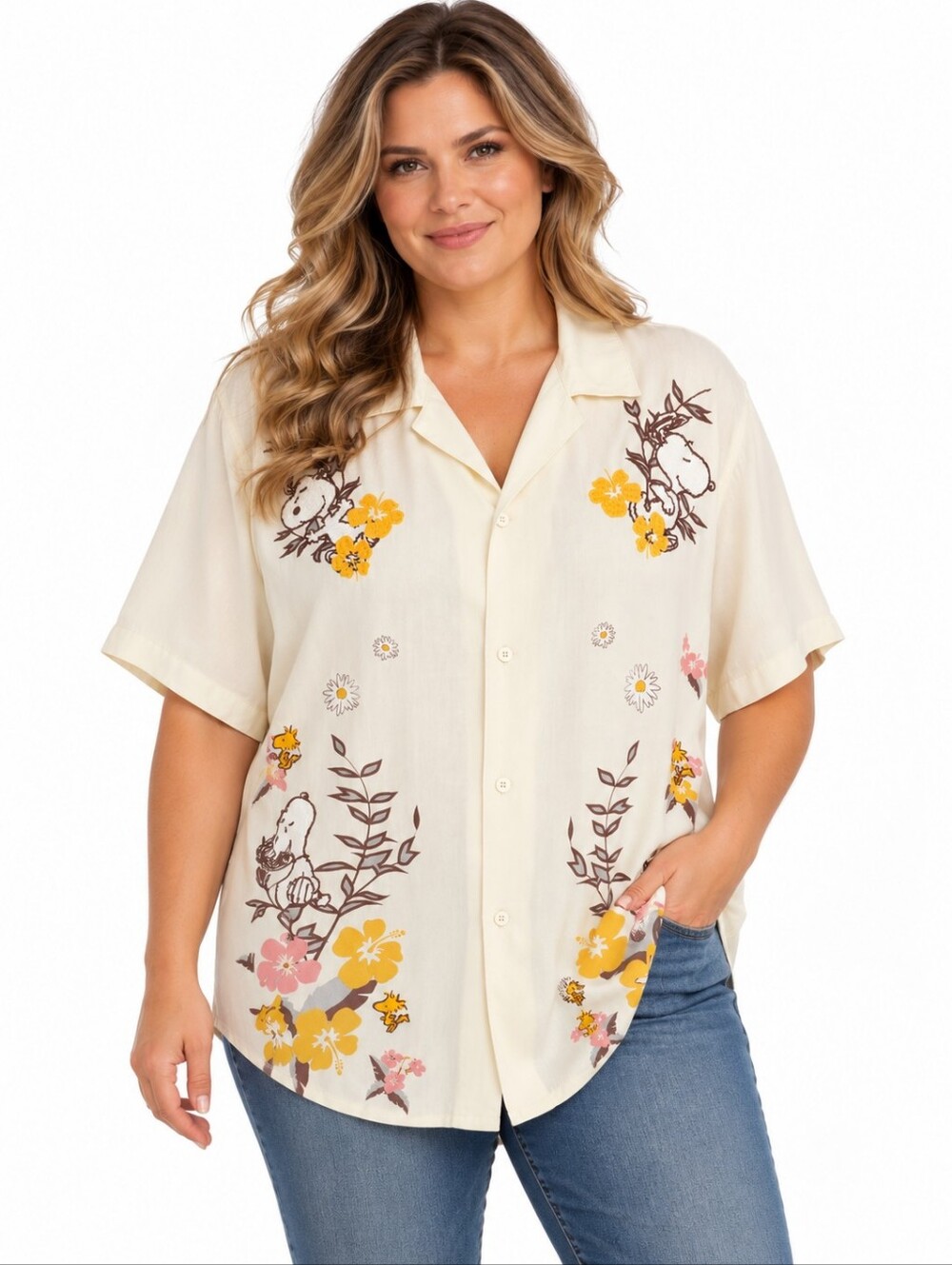 Peanuts Snoopy Hawaiian Shirt XL Embroidered Floral Rayon Button Front